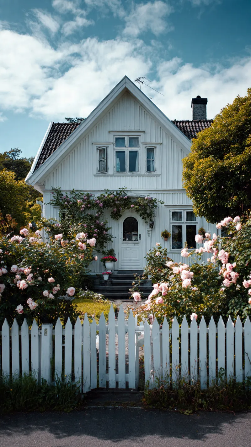Hvit hus med uteleie del og rekkverk