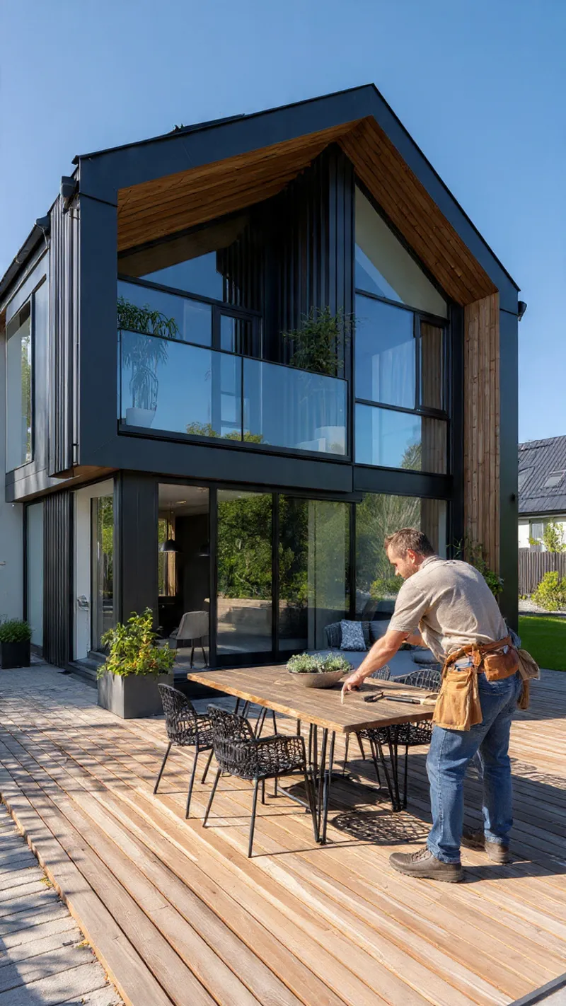 Snekker som ferdigstiller utbyggelsen av terrasse