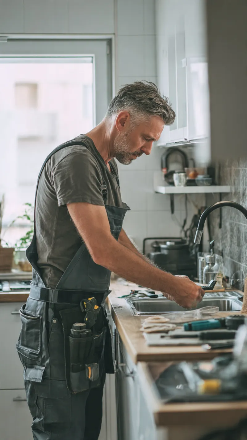 Rørlegger fikser blandebatteri på kjøkken
