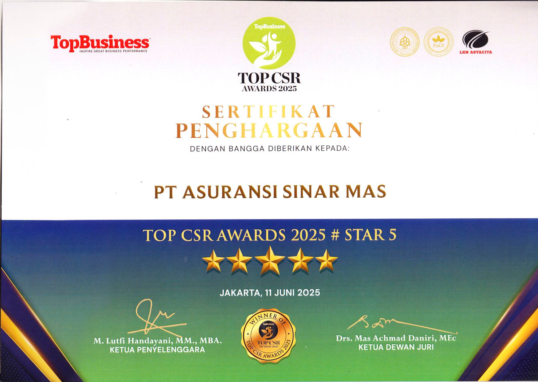 TOP CSR Awards 2025 #Star 5
Asuransi Sinar Mas meraih penghargaan TOP CSR Awards 2025 #Star 5