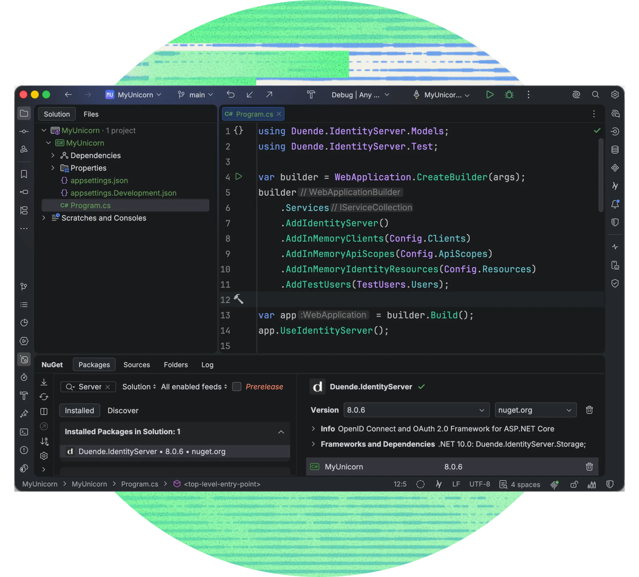 JetBrains Rider IDE showing a C# Program.cs file for a project called MyUnicorn, with Duende IdentityServer v8.0.6 configured using in-memory clients, API scopes, identity resources, and test users. The NuGet package manager panel is open at the bottom showing the installed Duende.IdentityServer package.