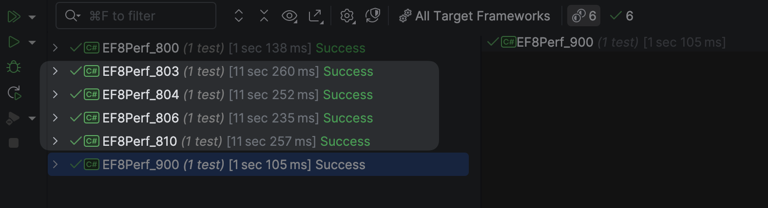 Performance with different EF Core versions and target frameworks