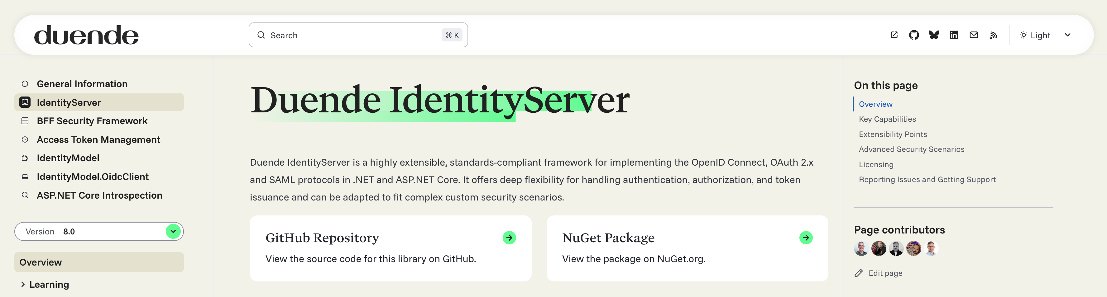 Duende docs sidebar showing the list of documentation topics