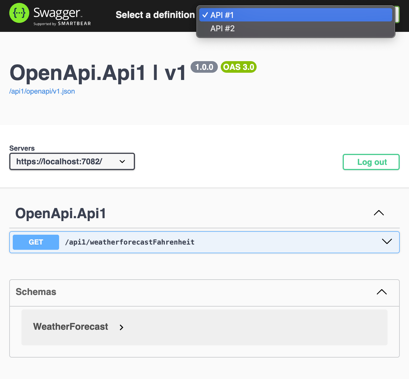 Swagger UI with backend-for-frontend and two OpenAPI specs