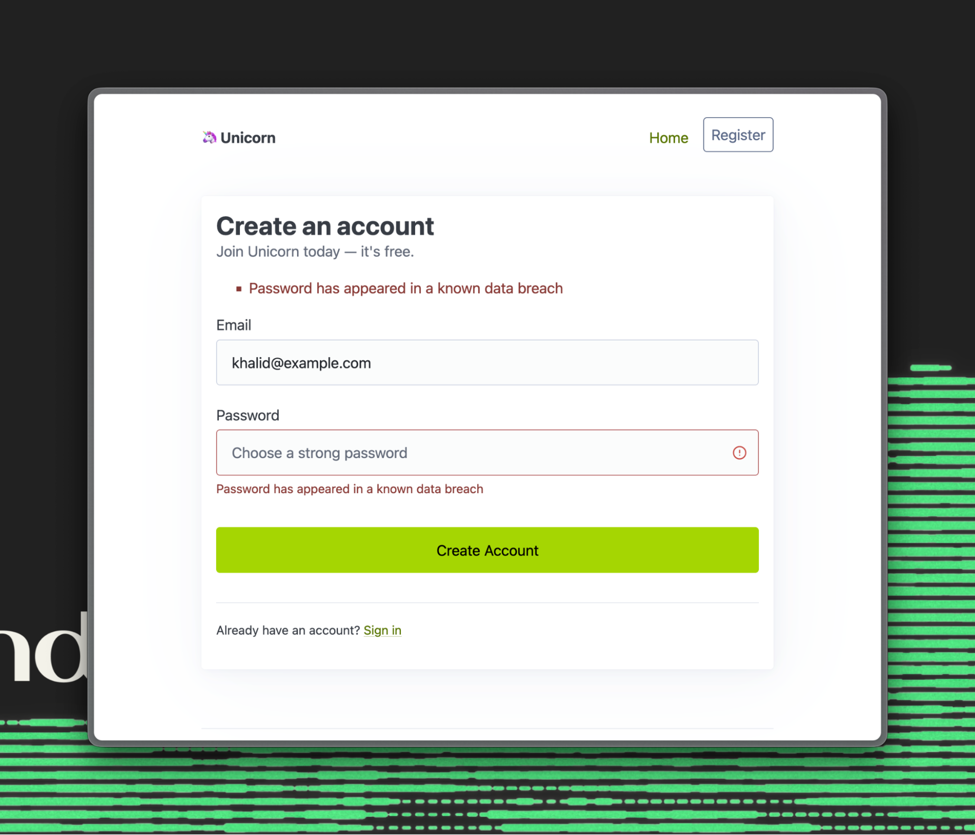 Duende IdentityServer login screen showing a validation issue showing the password was used in a known data breach