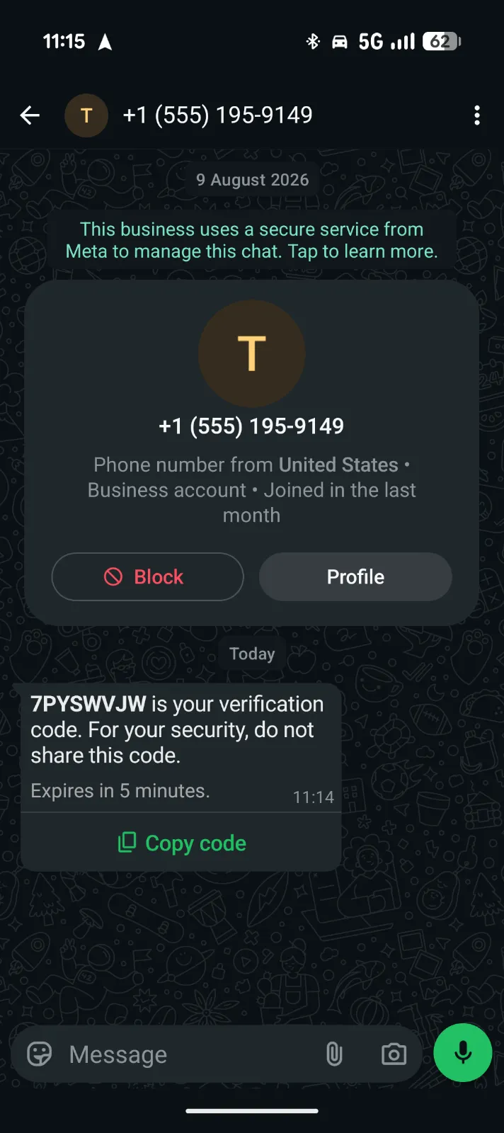 WhatsApp showing OTP code