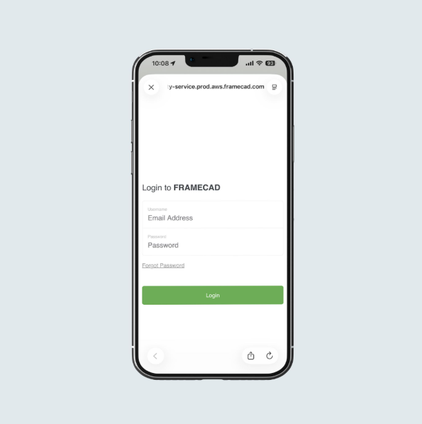 FRAMECAD login page for mobile users
