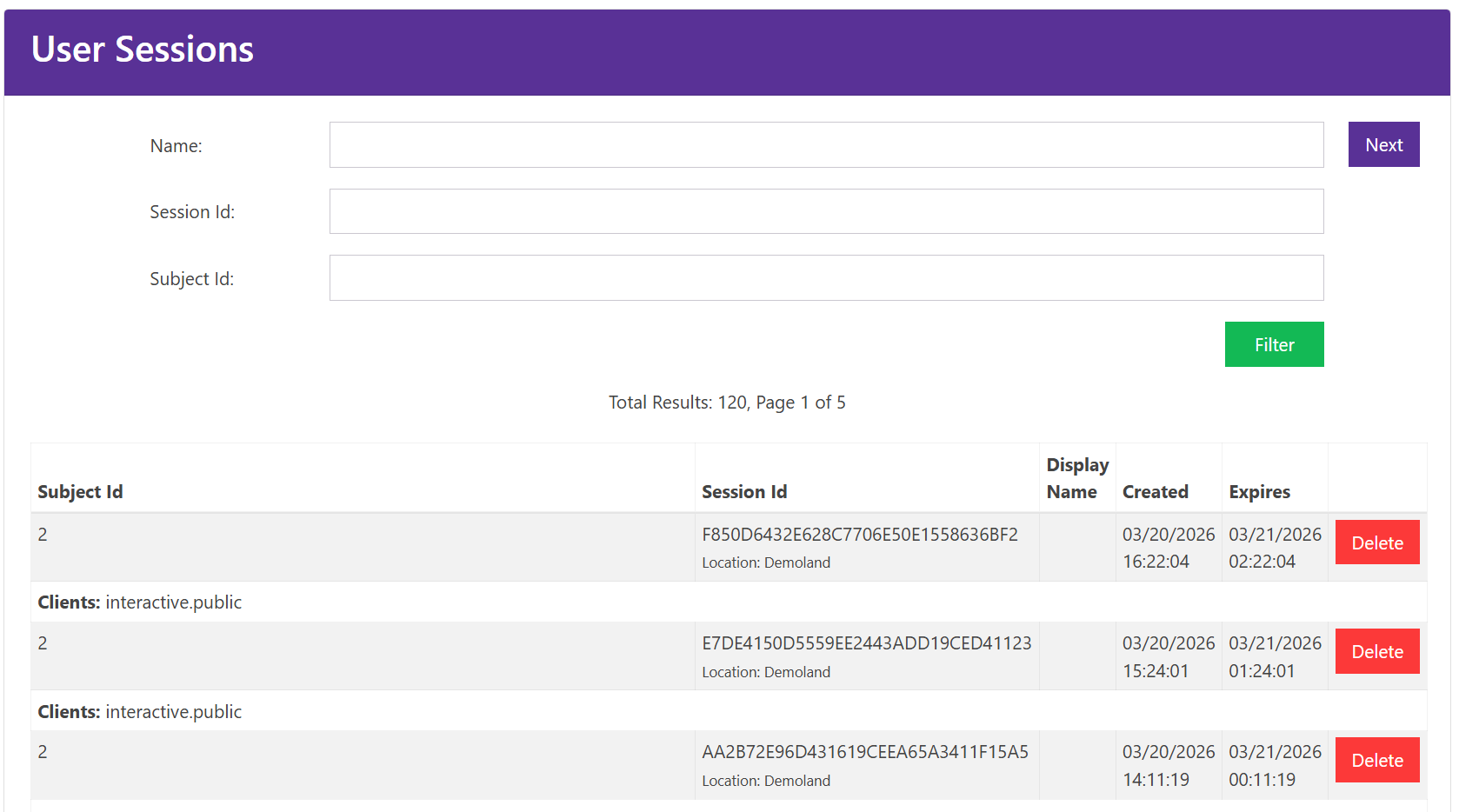 An image from https://demo.duendesoftware.com/ServerSideSessions showing 3 active sessions for a signed-in user with a &#39;Delete&#39; button