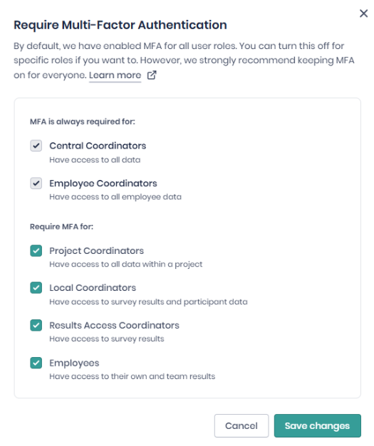 Effectory’s multi-factor authentication settings
