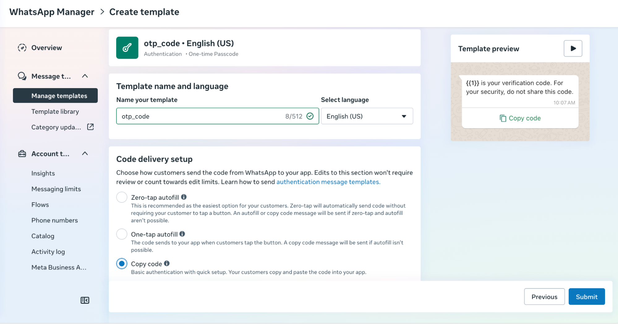 Create template in WhatsApp portal