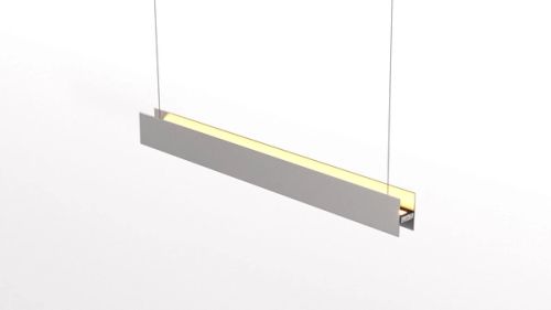 Pendente Linear em vista geral: calha de metal suspensa por dois cabos, com a luz escondida na dobra