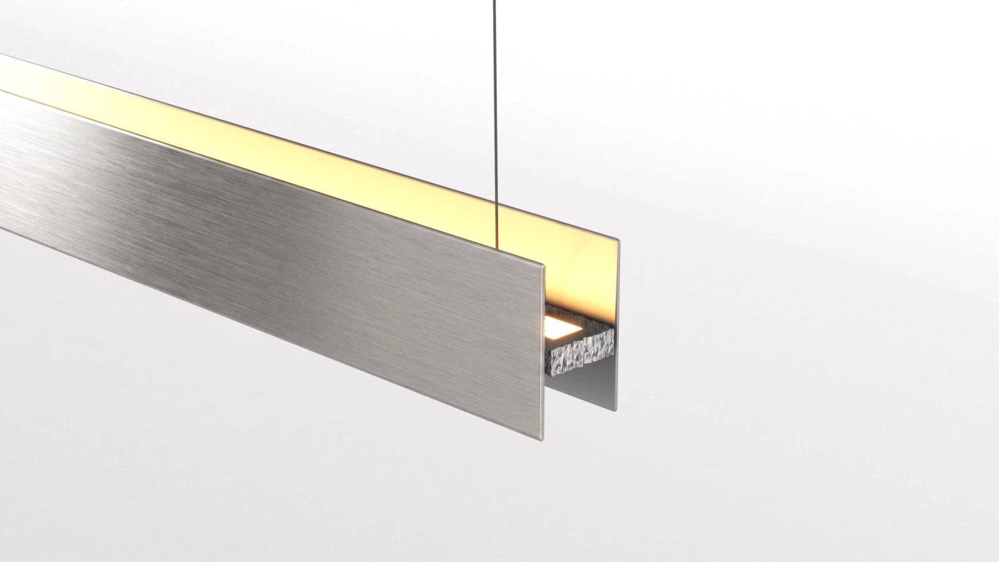 Detalhe do Pendente Linear: a dobra em ângulo que esconde a fonte de luz