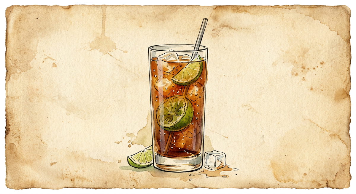 A vintage watercolour illustration of a Cuba Libre served in a tall highball glass filled with dark caramel-brown liquid and ice, garnished with the spent lime shell, in the glass, painted in warm sun-faded tones on aged parchment paper with loose ink outlines and visible brush texture.