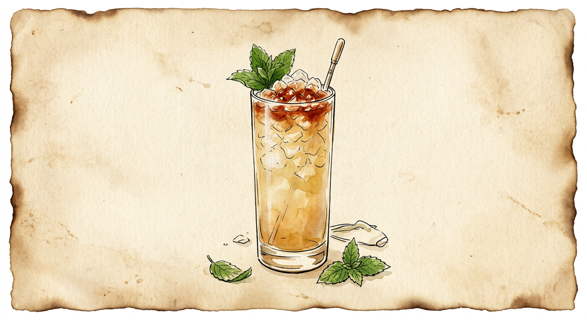 A vintage watercolour illustration of a Queen’s Park Swizzle served in a tall highball glass filled with hazy amber-gold liquid heaped with crushed ice, garnished with fresh mint sprig, over the angostura crown, painted in warm sun-faded tones on aged parchment paper with loose ink outlines and visible brush texture.