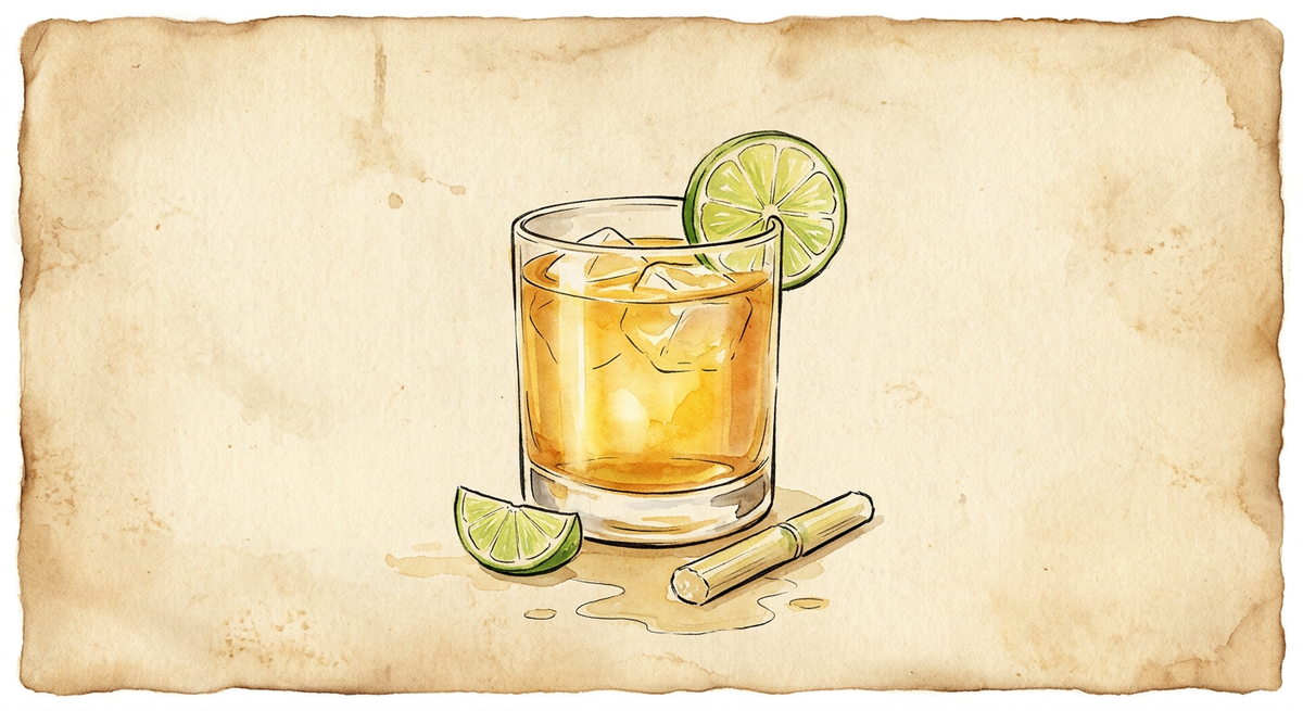 A vintage watercolour illustration of a Canchánchara served in a short rocks glass filled with glowing golden liquid and ice, garnished with a lime wheel, in the cup, painted in warm sun-faded tones on aged parchment paper with loose ink outlines and visible brush texture.