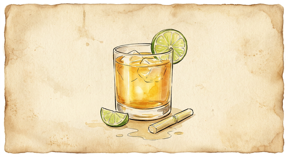 A vintage watercolour illustration of a Canchánchara served in a short rocks glass filled with glowing golden liquid and ice, garnished with a lime wheel, in the cup, painted in warm sun-faded tones on aged parchment paper with loose ink outlines and visible brush texture.