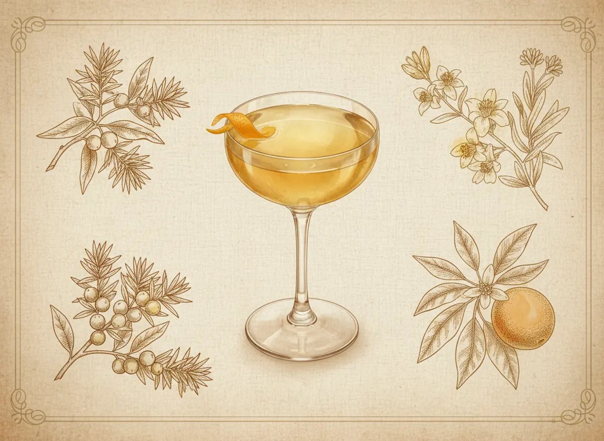 A vintage watercolour illustration of an Alaska cocktail served in a coupe glass filled with pale golden-yellow liquid with no ice, garnished with a twist of orange peel on the rim, painted in warm sun-faded tones on aged parchment paper with loose ink outlines and visible brush texture.
