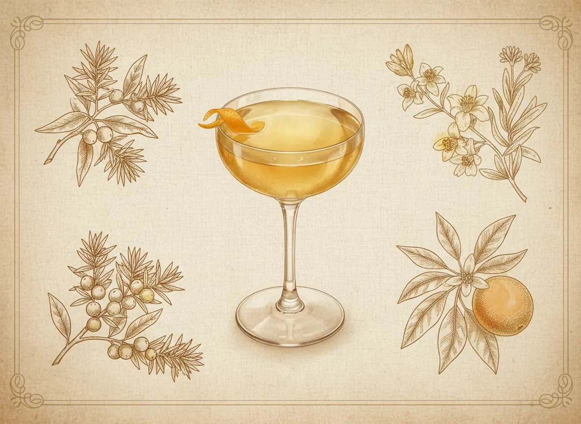 A vintage watercolour illustration of an Alaska cocktail served in a coupe glass filled with pale golden-yellow liquid with no ice, garnished with a twist of orange peel on the rim, painted in warm sun-faded tones on aged parchment paper with loose ink outlines and visible brush texture.