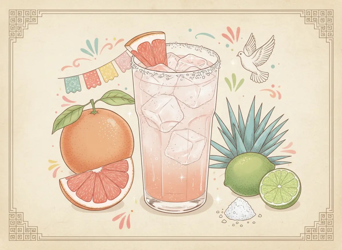 A vintage watercolour illustration of a Paloma served in a tall glass with a salted rim, filled with pale pink grapefruit liquid and packed ice cubes, garnished with a grapefruit wedge on the rim, painted in warm sun-faded tones on aged parchment paper with loose ink outlines and visible brush texture.
