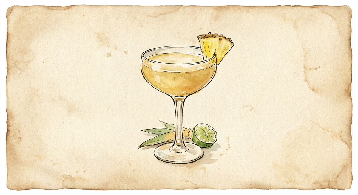 A vintage watercolour illustration of a Hotel Nacional served in a stemmed coupe glass filled with cloudy golden yellow liquid, garnished with a pineapple wedge, painted in warm sun-faded tones on aged parchment paper with loose ink outlines and visible brush texture.
