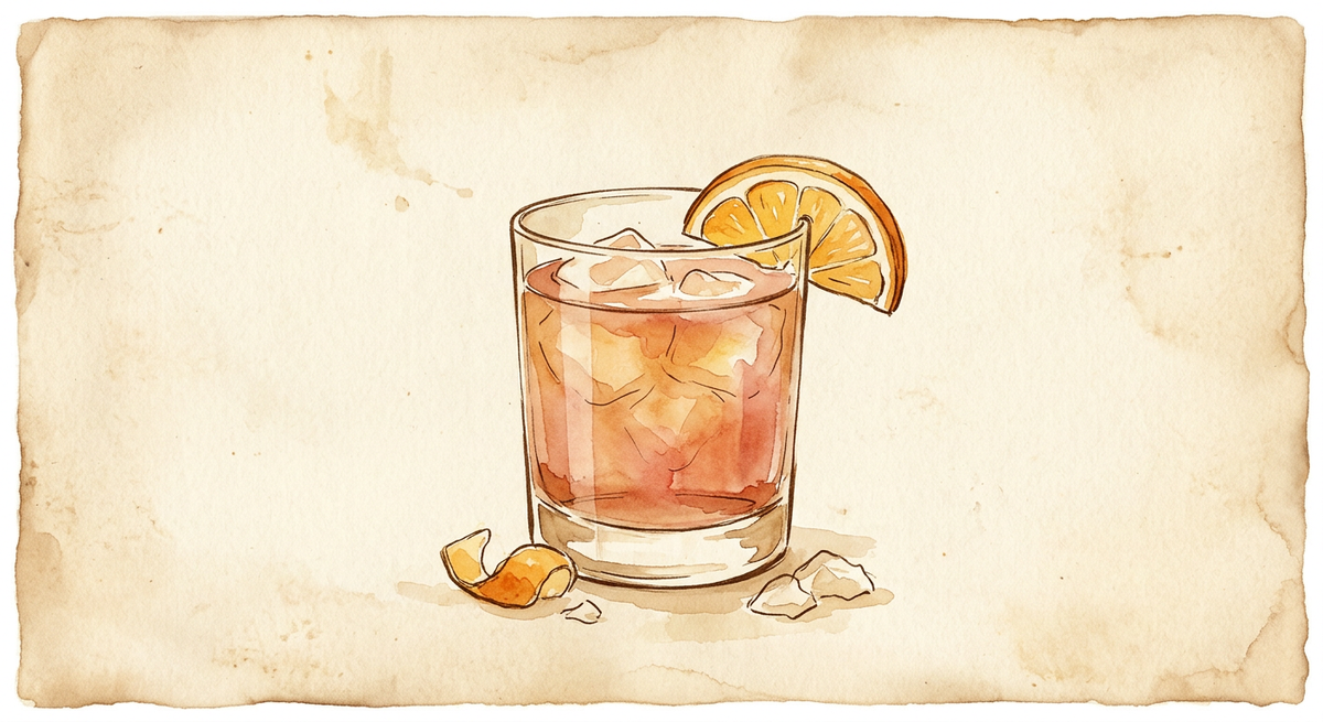 A vintage watercolour illustration of a Knickerbocker served in a short rocks glass filled with rosy amber liquid and ice, garnished with an orange slice, painted in warm sun-faded tones on aged parchment paper with loose ink outlines and visible brush texture.