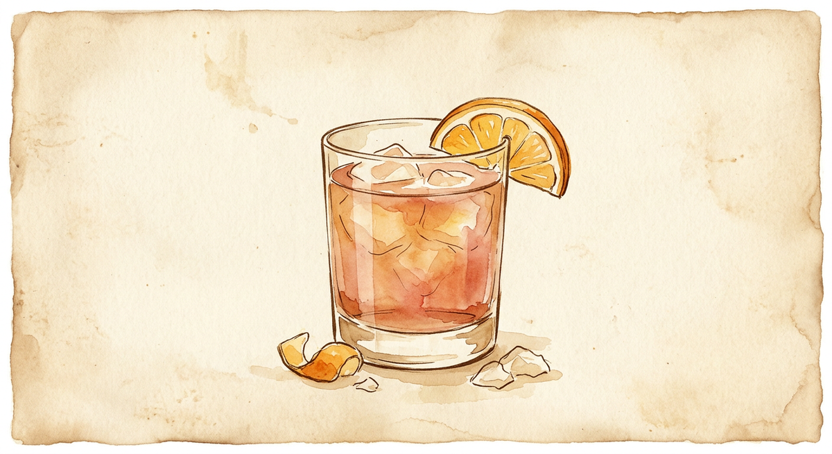 A vintage watercolour illustration of a Knickerbocker served in a short rocks glass filled with rosy amber liquid and ice, garnished with an orange slice, painted in warm sun-faded tones on aged parchment paper with loose ink outlines and visible brush texture.