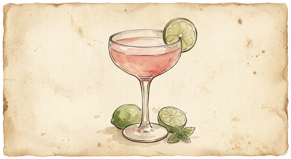 A vintage watercolour illustration of a Hemingway Daiquiri served in a stemmed coupe glass filled with pale blush pink liquid, garnished with a lime wheel, painted in warm sun-faded tones on aged parchment paper with loose ink outlines and visible brush texture.