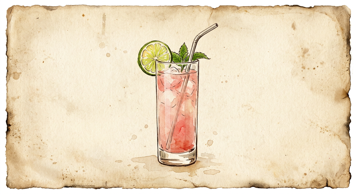 A vintage watercolour illustration of a Doctor Funk served in a tall slim collins glass filled with pale pink-red liquid and ice, garnished with a lime wheel, painted in warm sun-faded tones on aged parchment paper with loose ink outlines and visible brush texture.