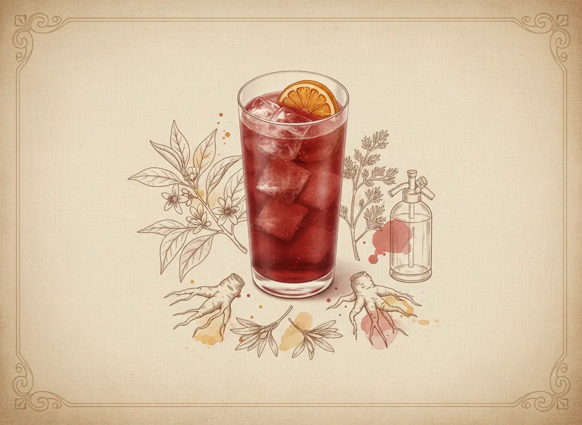 A vintage watercolour illustration of an Americano served in a highball glass filled with deep ruby-red liquid and visible ice, garnished with an orange slice on the rim, painted in warm sun-faded tones on aged parchment paper with loose ink outlines and visible brush texture.