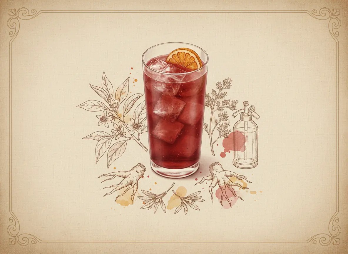 A vintage watercolour illustration of an Americano served in a highball glass filled with deep ruby-red liquid and visible ice, garnished with an orange slice on the rim, painted in warm sun-faded tones on aged parchment paper with loose ink outlines and visible brush texture.