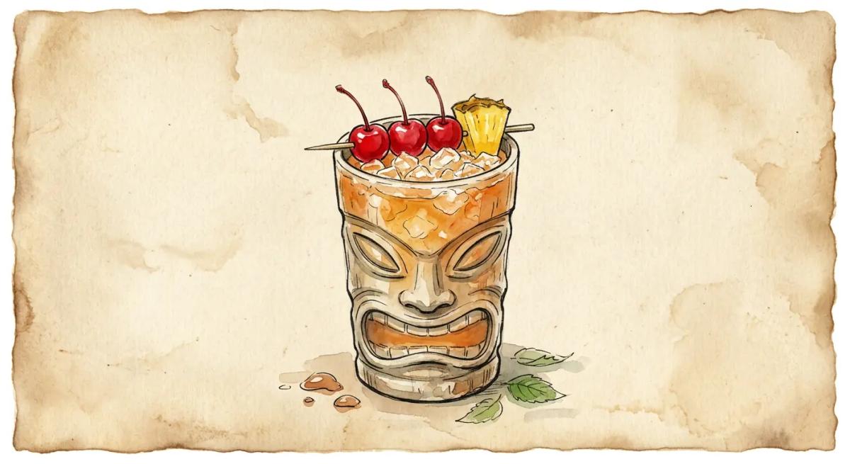 A vintage watercolour illustration of a Three Dots and a Dash cocktail served in a tiki mug filled with warm amber-orange liquid and packed crushed ice, garnished with three maraschino cherries and one pineapple chunk skewered together in sequence resting across the rim, painted in warm sun-faded tones on aged parchment paper with loose ink outlines and visible brush texture.