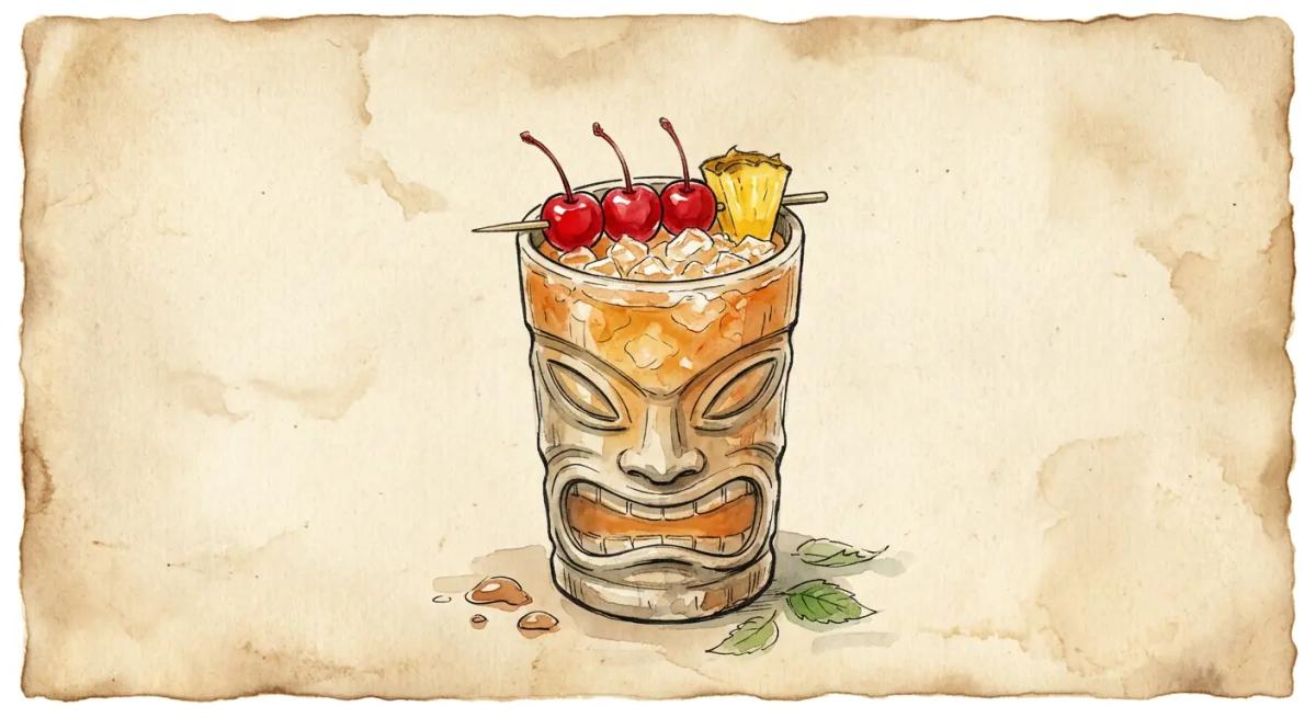 A vintage watercolour illustration of a Three Dots and a Dash cocktail served in a tiki mug filled with warm amber-orange liquid and packed crushed ice, garnished with three maraschino cherries and one pineapple chunk skewered together in sequence resting across the rim, painted in warm sun-faded tones on aged parchment paper with loose ink outlines and visible brush texture.