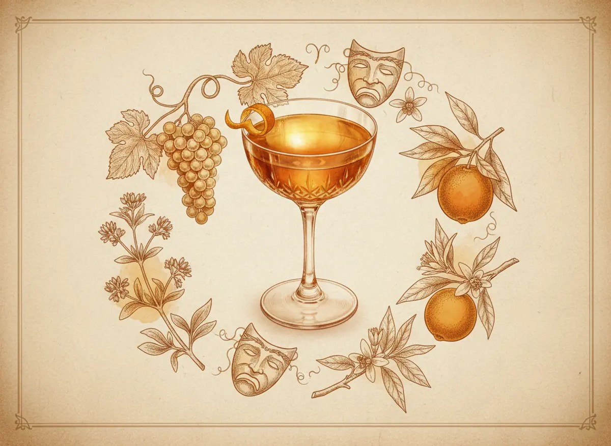 A vintage watercolour illustration of an Adonis cocktail served in a coupe glass filled with deep golden-amber liquid with no ice, garnished with a curl of orange peel on the rim, painted in warm sun-faded tones on aged parchment paper with loose ink outlines and visible brush texture.