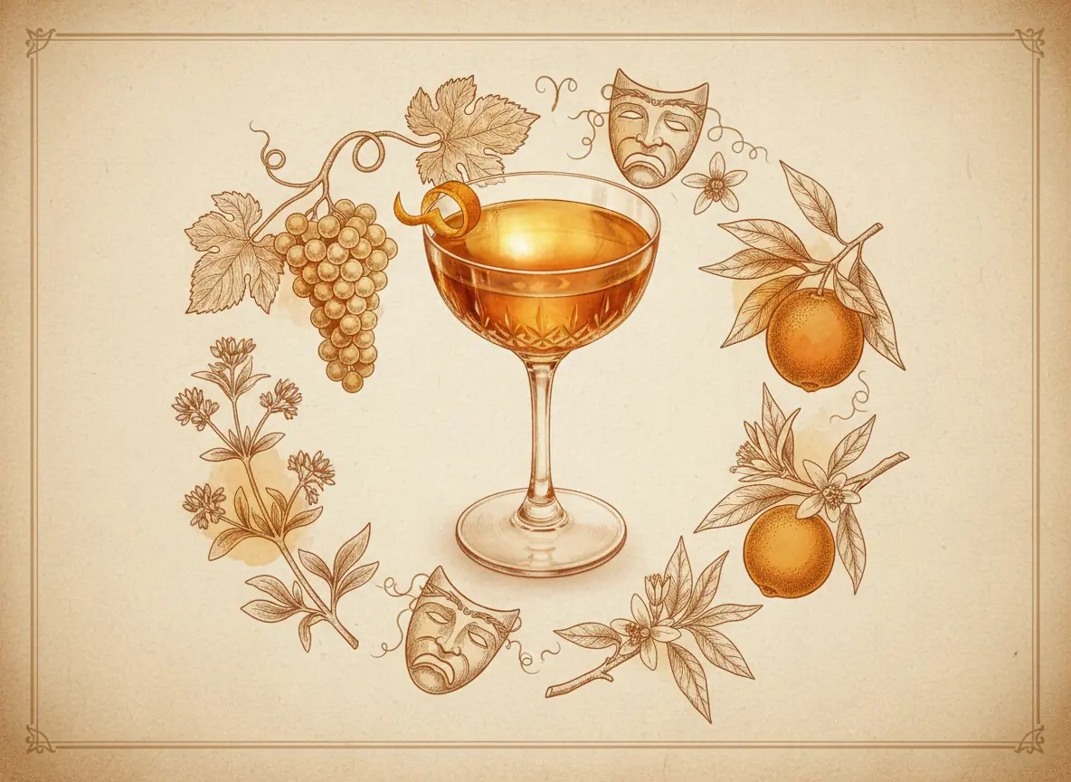 A vintage watercolour illustration of an Adonis cocktail served in a coupe glass filled with deep golden-amber liquid with no ice, garnished with a curl of orange peel on the rim, painted in warm sun-faded tones on aged parchment paper with loose ink outlines and visible brush texture.