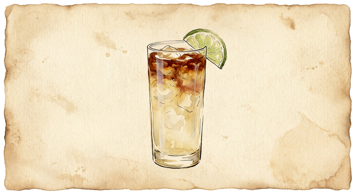 A vintage watercolour illustration of a Dark ’n’ Stormy served in a tall highball glass filled with cloudy pale gold ginger beer with a dark rum float settling through the top and ice, garnished with a lime wedge, painted in warm sun-faded tones on aged parchment paper with loose ink outlines and visible brush texture.