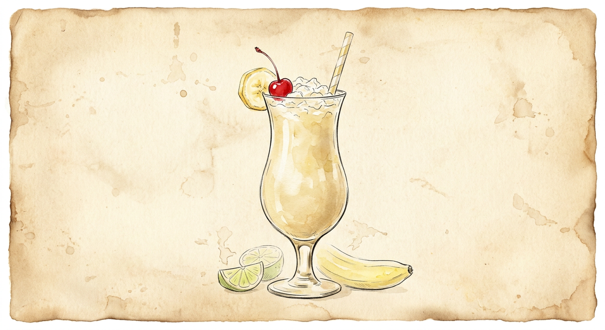 A vintage watercolour illustration of a Banana Daiquiri served in a curved hurricane glass filled with pale creamy yellow, frozen and thick heaped with crushed ice, garnished with a banana and a maraschino cherry, painted in warm sun-faded tones on aged parchment paper with loose ink outlines and visible brush texture.