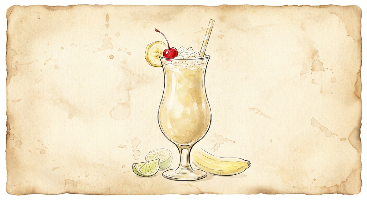A vintage watercolour illustration of a Banana Daiquiri served in a curved hurricane glass filled with pale creamy yellow, frozen and thick heaped with crushed ice, garnished with a banana and a maraschino cherry, painted in warm sun-faded tones on aged parchment paper with loose ink outlines and visible brush texture.