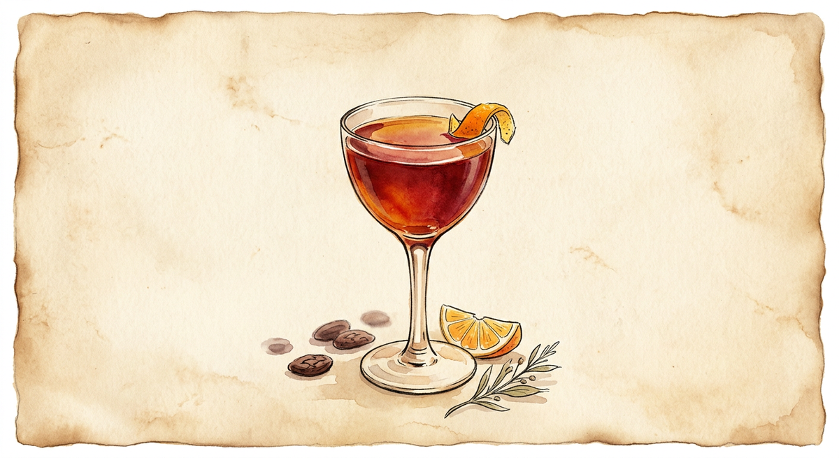 A vintage watercolour illustration of a Right Hand served in a small stemmed Nick and Nora glass filled with deep ruby red with an amber cast, garnished with an orange twist, painted in warm sun-faded tones on aged parchment paper with loose ink outlines and visible brush texture.
