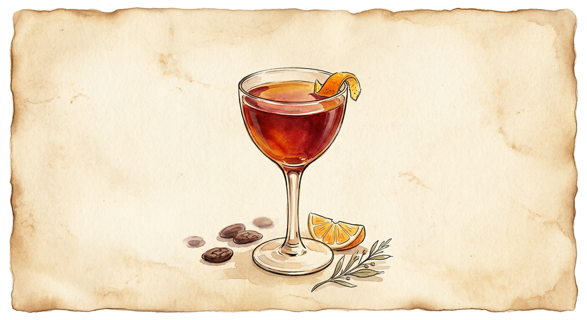 A vintage watercolour illustration of a Right Hand served in a small stemmed Nick and Nora glass filled with deep ruby red with an amber cast, garnished with an orange twist, painted in warm sun-faded tones on aged parchment paper with loose ink outlines and visible brush texture.