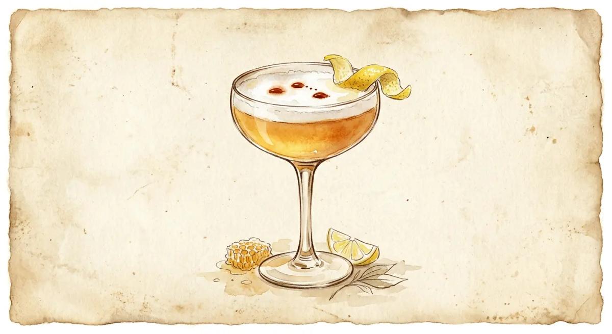 A vintage watercolour illustration of a Rum and Honey cocktail served in a coupe glass filled with warm amber-honey coloured liquid topped with soft white foam and three drops of dark bitters, garnished with a lemon peel on the rim, painted in warm sun-faded tones on aged parchment paper with loose ink outlines and visible brush texture.