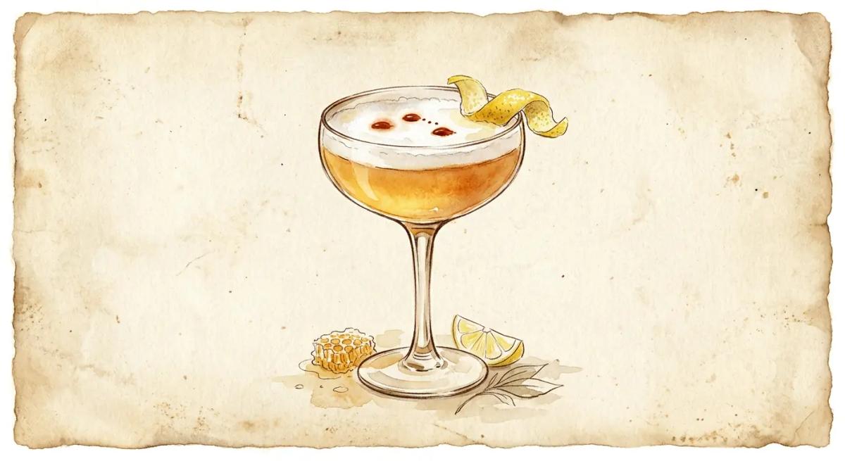 A vintage watercolour illustration of a Rum and Honey cocktail served in a coupe glass filled with warm amber-honey coloured liquid topped with soft white foam and three drops of dark bitters, garnished with a lemon peel on the rim, painted in warm sun-faded tones on aged parchment paper with loose ink outlines and visible brush texture.