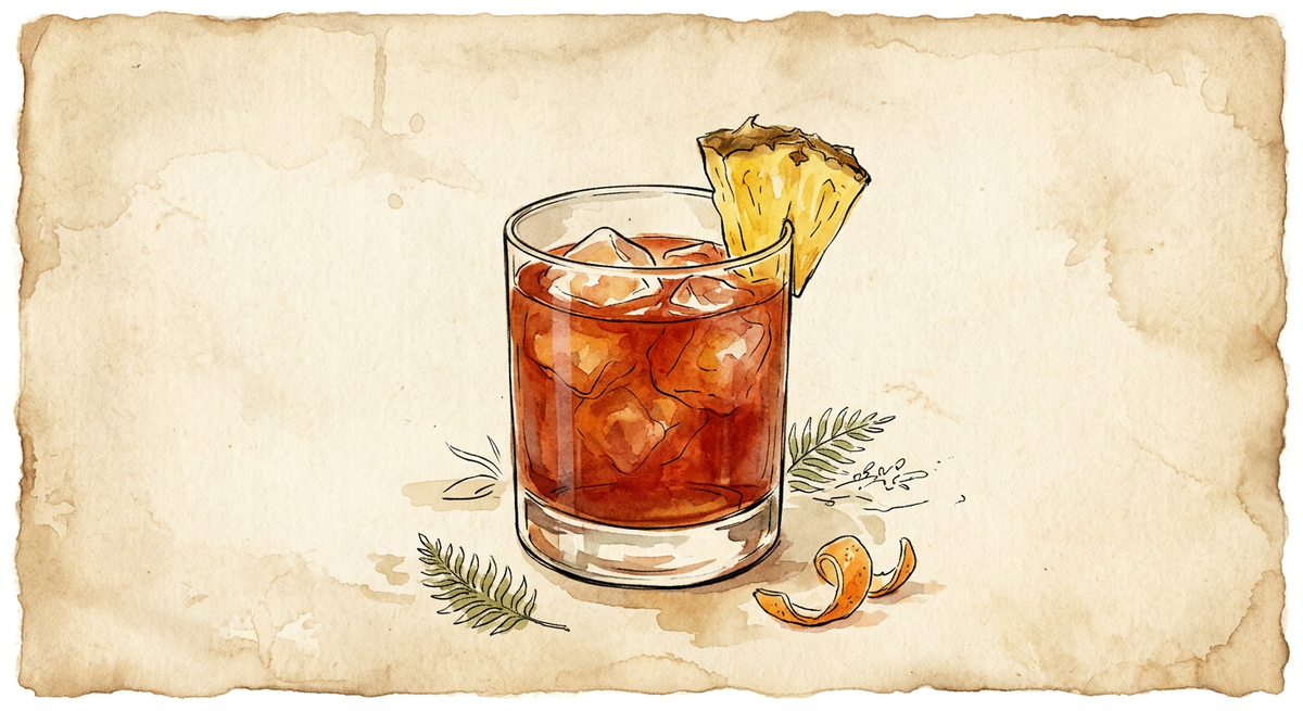 A vintage watercolour illustration of a Jungle Bird served in a short rocks glass filled with rusty red-orange liquid and ice, garnished with a pineapple wedge, painted in warm sun-faded tones on aged parchment paper with loose ink outlines and visible brush texture.