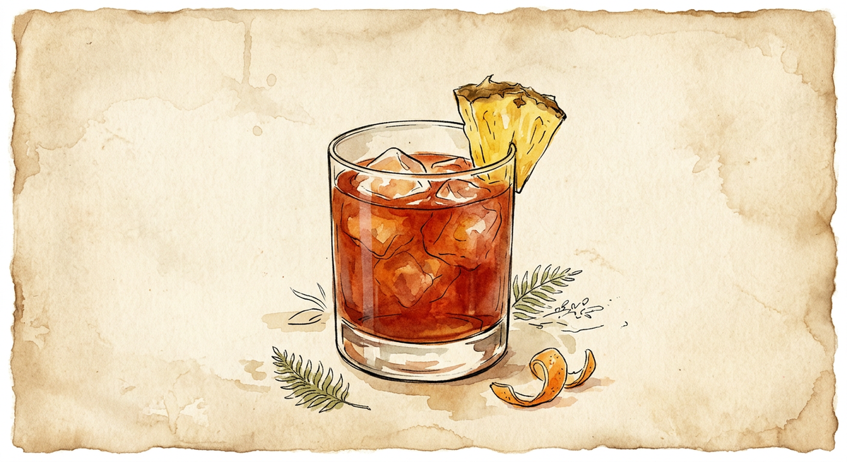 A vintage watercolour illustration of a Jungle Bird served in a short rocks glass filled with rusty red-orange liquid and ice, garnished with a pineapple wedge, painted in warm sun-faded tones on aged parchment paper with loose ink outlines and visible brush texture.