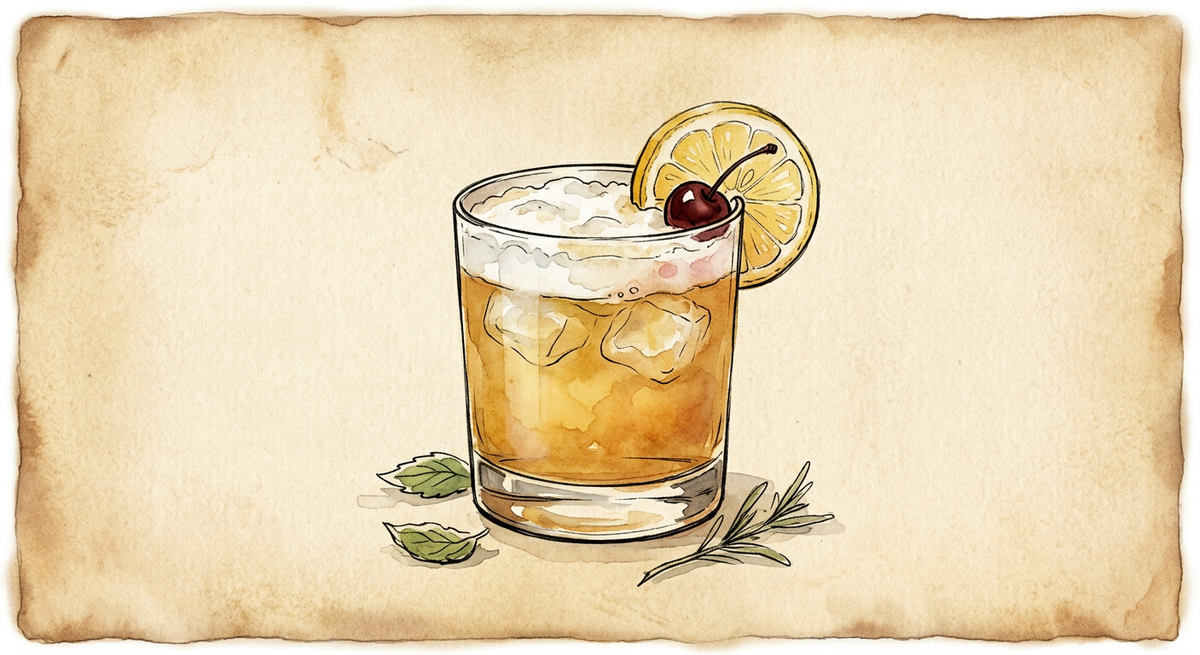 A vintage watercolour illustration of a Rum Sour served in a short rocks glass filled with hazy amber-gold liquid beneath a thick cap of white foam and ice, garnished with a lemon wheel and a maraschino cherry, painted in warm sun-faded tones on aged parchment paper with loose ink outlines and visible brush texture.
