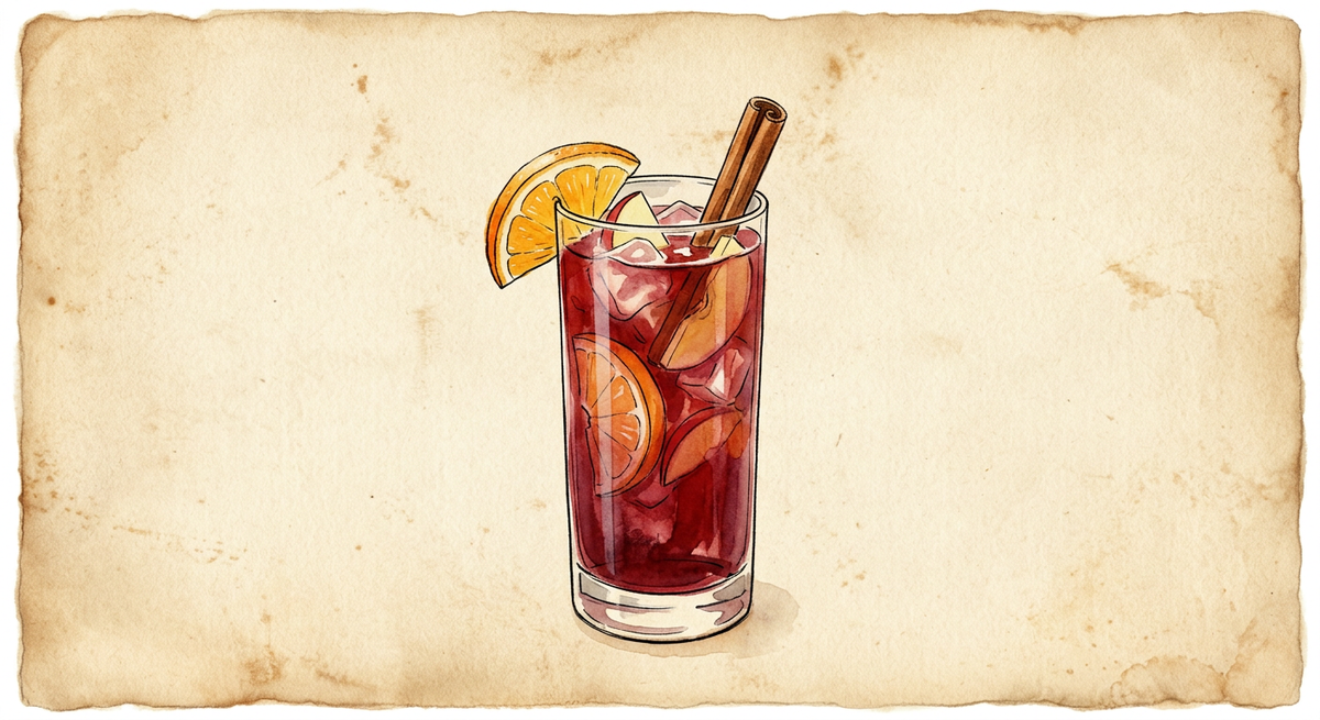 A vintage watercolour illustration of a Spiced Sangria served in a tall highball glass filled with deep red wine with fruit and ice, garnished with an orange wedge and a cinnamon stick, painted in warm sun-faded tones on aged parchment paper with loose ink outlines and visible brush texture.