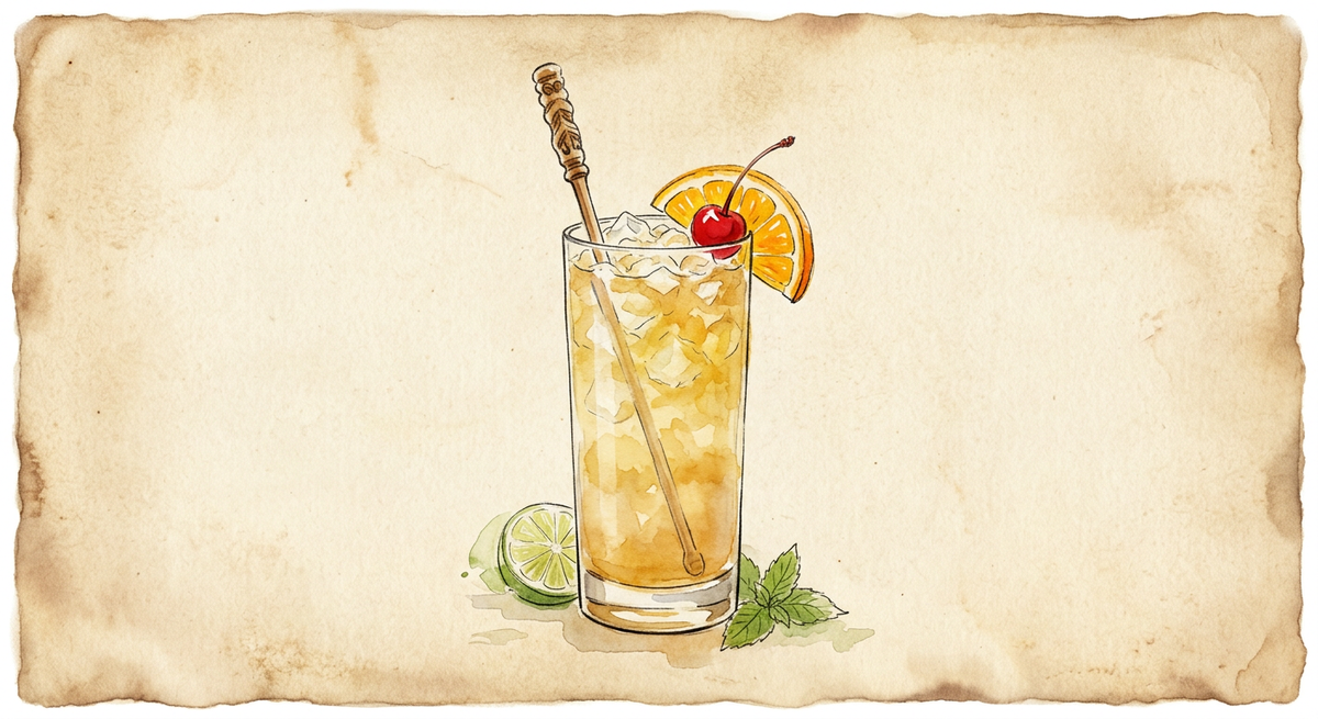A vintage watercolour illustration of a Rum Swizzle served in a tall highball glass filled with cloudy golden yellow liquid heaped with crushed ice, garnished with an orange slice and a maraschino cherry, painted in warm sun-faded tones on aged parchment paper with loose ink outlines and visible brush texture.