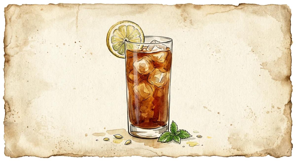 A vintage watercolour illustration of a Texas Iced Tea cocktail served in a highball glass filled with deep amber-brown liquid and visible ice, garnished with a lemon wheel on the rim, painted in warm sun-faded tones on aged parchment paper with loose ink outlines and visible brush texture.