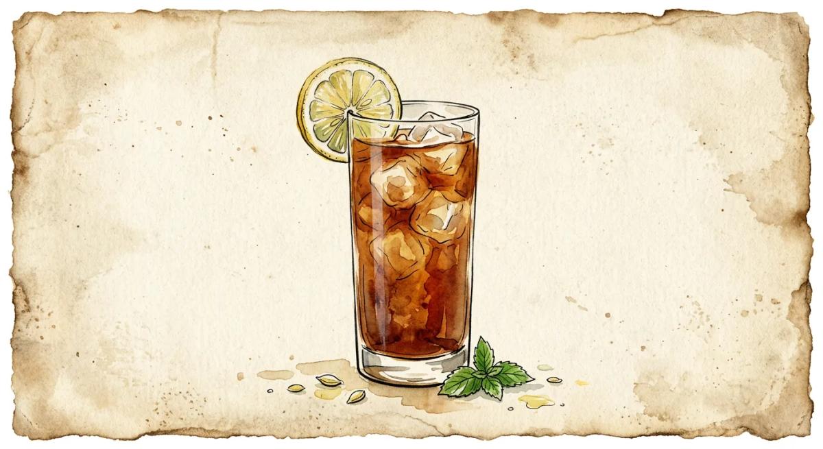 A vintage watercolour illustration of a Texas Iced Tea cocktail served in a highball glass filled with deep amber-brown liquid and visible ice, garnished with a lemon wheel on the rim, painted in warm sun-faded tones on aged parchment paper with loose ink outlines and visible brush texture.