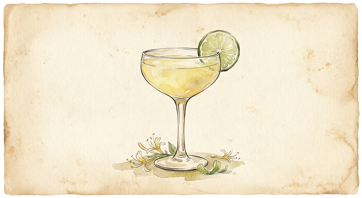 A vintage watercolour illustration of a Honeysuckle served in a stemmed coupe glass filled with cloudy pale lemon liquid, garnished with a lime wheel, painted in warm sun-faded tones on aged parchment paper with loose ink outlines and visible brush texture.
