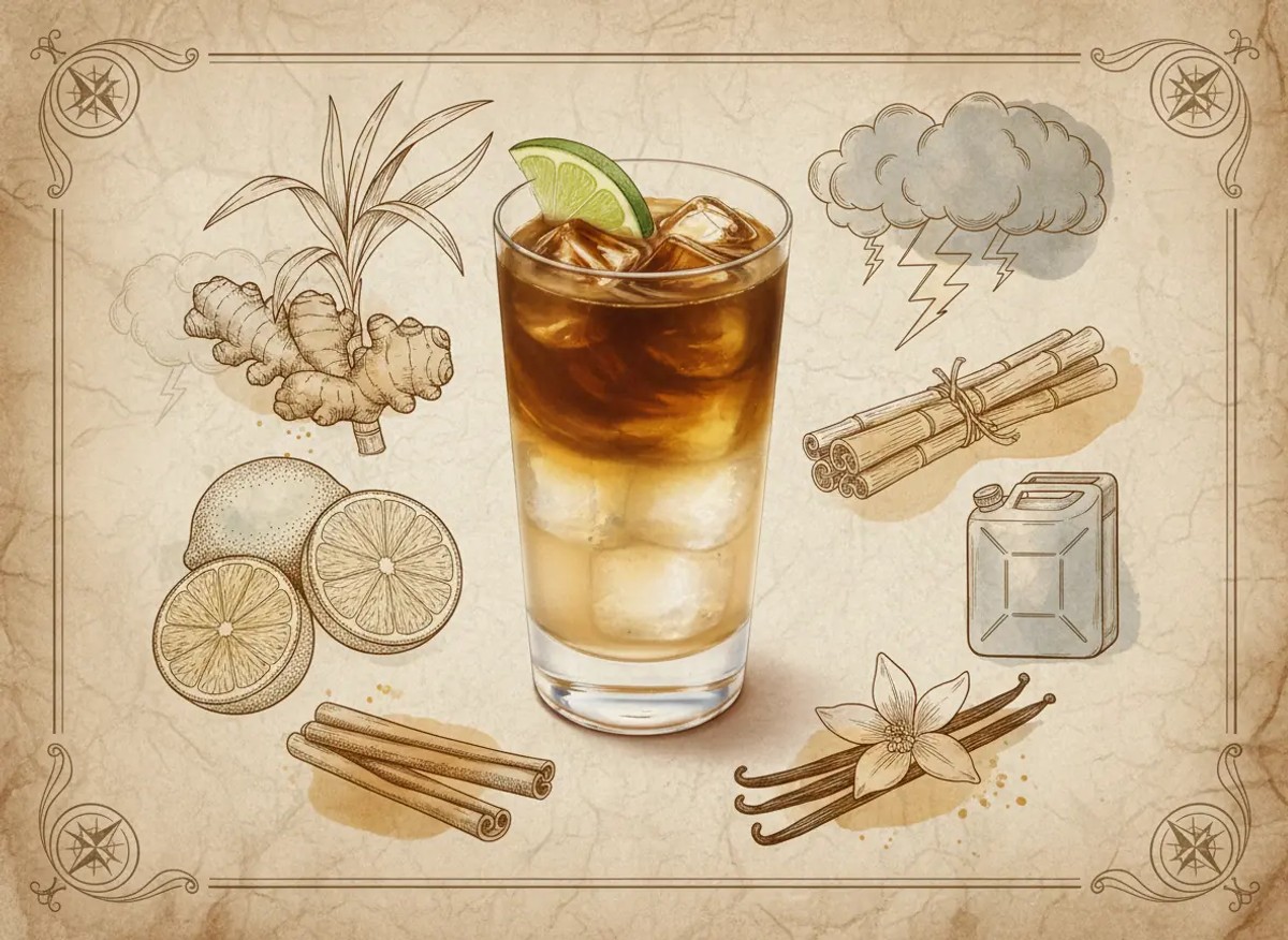 A vintage watercolour illustration of a Storm & Spice served in a tall glass filled with dark amber-brown liquid over ice, paler at the base where the ginger beer sits, garnished with a lime wedge on the rim, painted in warm sun-faded tones on aged parchment paper with loose ink outlines and visible brush texture.
